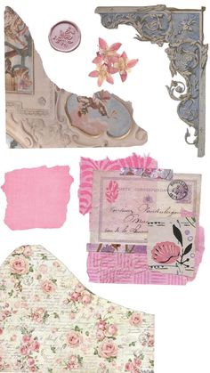 altered collages with pink and white flowers on them, including an ornate frame