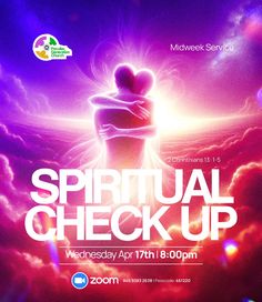 a poster for the spirital check up event with an image of two people hugging each other