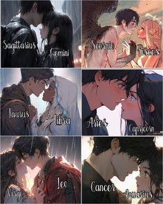 some anime characters kissing each other in different languages, with the caption's above them