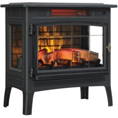 a black stove with flames in it