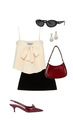 a woman's outfit and accessories including shoes, handbag, sunglasses and purse