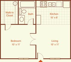 the floor plan for a two bedroom apartment with an attached kitchen and living room area