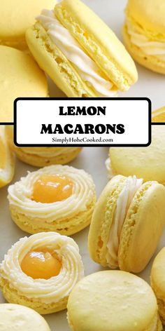 lemon macarons with white icing on top and yellow cookies in the background