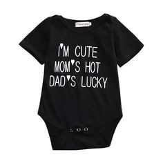 short sleeve bodysuit | funny print: Mom's Hot Daddy's Lucky | expandable shoulders | snaps along diaper line | soft cotton fabric | machine washable Kids Jumpsuit, Playsuits Outfit, Jumpsuit Short, Hot Dads, Retro Baby, Shower Bebe, Toddler Romper, Newborn Romper, Romper Jumpsuit