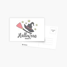 a halloween party postcard with an image of a witch's hat and broom