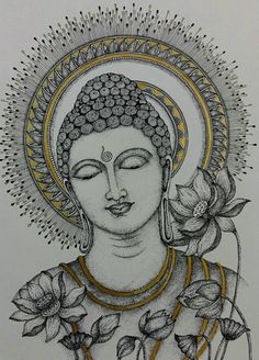 a drawing of a buddha with flowers in her hair