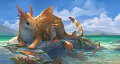 two cats sitting on top of a rock in the ocean next to an orange and white cat