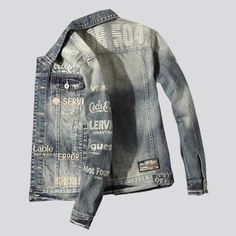 Vintage men embroidered denim jacket Denim Jacket Male, Black Leather Dress Shoes, White Jeans Men, Fitted Denim Jacket, Yellow Denim, Printed Denim Jacket, Black Leather Dresses, Embroidered Denim Jacket, American Casual