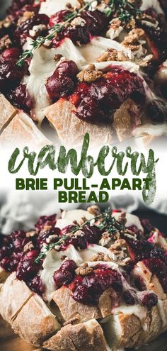 cranberry brie pull apart bread on a cutting board with text overlay