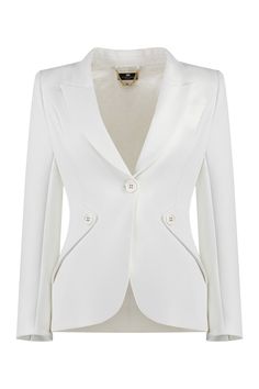 Lapel collartwo buttoned front flap pocketspadded shouldershem with double back slit4% elastane, 96% polyester Composition: 4% % Elastane, 96% % Polyester | Elisabetta Franchi Women's Single-breasted One Button Jacket in White | SS24 Fitted Notch Lapel Outerwear With Button Cuffs, Fitted Outerwear With Button Cuffs And Notch Lapel, Elegant Fitted Outerwear With Pockets, Fitted Button-up Blazer With Double Button Closure, Fitted Double Button Closure Blazer, Fitted Outerwear With Button Cuffs For Work, Timeless Fitted Blazer With Buttons, Timeless Fitted Outerwear With Button Closure, Chic Fitted Suits With Button Cuffs