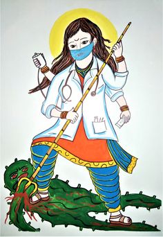 a drawing of a woman with a face mask and holding a stick in her hand