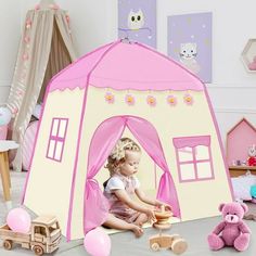 Give your little girl the joyful memories of growing with CACAGOO's princess castle tent. This cute pink kids play tent is your little girls playground. She can play, read, relax, make puzzles, or even take a nap in this princess castle tent. Beautifully designed, this playhouse tent which makes bed time more fun for your kid. Made with Oxford Fabric, this indoor tent is really strong and will last for years of enjoyment. Keeping your childs safety in mind, this little girl toy is made with , ma Princess Playhouse, Princess Tent, Playhouse Tent, Castle Playhouse, Indoor Tents, Kids Castle, Pink Castle, Kids Play Tent, Fairy Tales For Kids