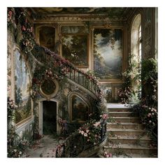 an ornate staircase with paintings on the walls and flowers growing all over the railings