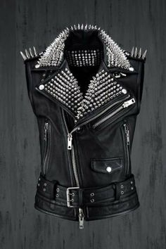 Studded Leather Vest, Rock Punk Style, Jaket Motor, Punk Mode, Black Leather Vest, Studded Leather Jacket, Black Punks, Studded Jacket, Rock Punk