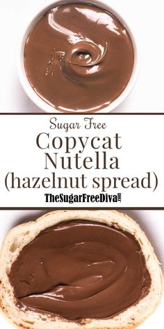 chocolate spread in a white bowl with text overlay that reads sugar free copycat nutella hazelnut spread