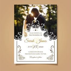 an elegant wedding card with the bride and groom kissing