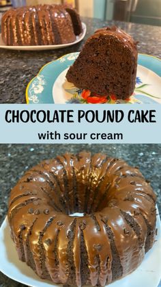 chocolate pound cake with sour cream is on a plate and in the background there are two bundt cakes