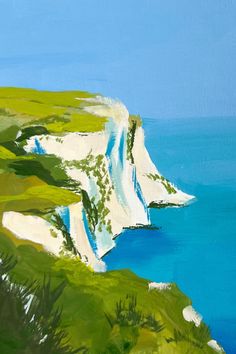 an oil painting of white cliffs and blue water