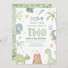 a dinosaur themed baby shower is featured in this green and white printable announcement card