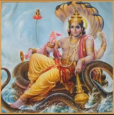 the god is sitting on top of a giant snake and holding a flower in his hand