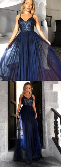 Debut Dress, Navy Blue Prom Dress, Navy Blue Prom, Navy Prom Dresses, Navy Blue Prom Dresses, Tulle Prom Dresses, Sequin Evening Gowns, Blue Prom Dress, Spaghetti Strap Prom Dress