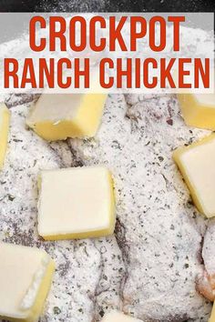 crockpot ranch chicken in a pan with butter and parmesan cheese on top