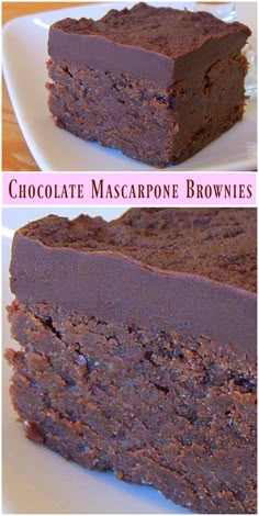 chocolate mascarpone brownies on a white plate with the words chocolate mascarpone brownies