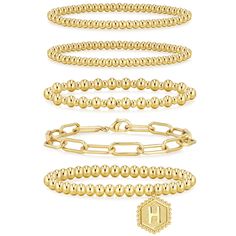 PRICES MAY VARY. Gold beaded Bracelets for Women: 5PCS Trendy Gold initial bracelets set are stackable. Each gold bracelet can be worn separately or wear them together, or in combination with other bracelets to create their own style. Letter Bracelet Size: Length: about 7.25 inch, with strong elastic string. Small bead size is 4mm in diameter. Large bead size is 6mm in diameter. The initial Letter A-Z pendant are also plated with 14K gold for durability and tarnishing. The stretch gold bead brac Initial Bracelets, Bracelets Stack, Initial Bracelet Gold, Gold Bracelets Stacked, Dainty Gold Bracelet, Bead Ball, Gold Jewelry Gift, Gold And Silver Bracelets, Silver Bracelets For Women