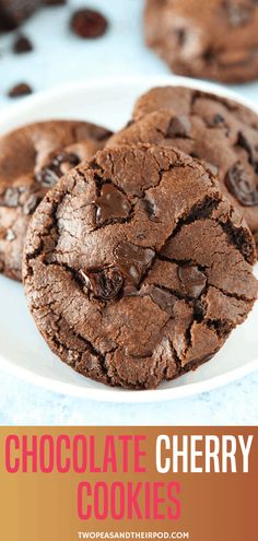 chocolate cherry cookies on a white plate with text overlay that reads chocolate cherry cookies