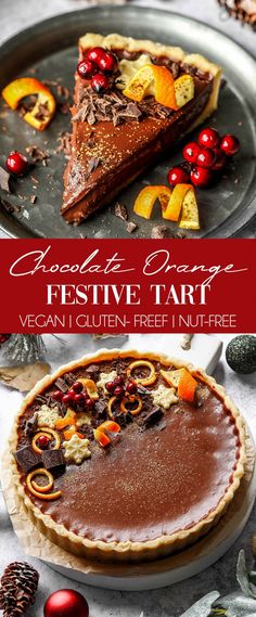 chocolate orange festive tart with cranberry and oranges on the side