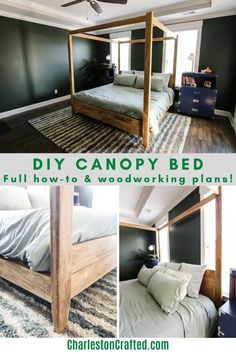 this is a collage of photos with the words diy canopy bed