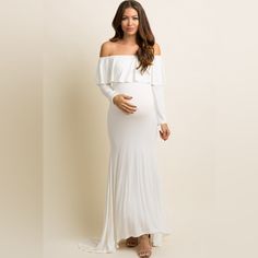 A Long Sleeve, Mermaid Style Maternity Photoshoot Gown Featuring An Off Shoulder Cinched Elastic Neckline With A Ruffle Trim, A Solid Hue, And A Slight Train. New Without Tags. All Tags Cut Out To Prevent Returns To The Company. Inventory #P830 Photoshoot Gown, Mermaid Maxi Dress, Off The Shoulder Long Sleeve, Mermaid Style, Maternity Photoshoot, Mermaid Fashion, Pregnancy Photoshoot, Ruffle Trim, Blush Pink