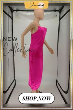 Summer Solid Color Stain Sleeveless Slip Dresses Solid Satin Sleeveless Summer Dress, Sleeveless Satin Maxi Dress For Vacation, Sleeveless Solid Slip Dress For Party, Sleeveless Satin Maxi Dress For Beach, Pink Sleeveless Halter Neck Dress For Evening, Elegant Pink Sleeveless Slip Dress, Pink Satin Halter Neck Maxi Dress, Chic Solid Color Sleeveless Satin Dress, Pink Sleeveless Satin Dress