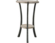 the side table is made from metal and has a round wooden shelf on one end