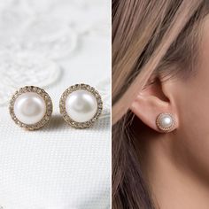 gold earrings pearl earrings stud earrings wedding jewelry wedding earrings bridal jewelry bridal earrings for women pearl studs ► Spend $200 | Receive 10% OFF Your Order with Code: 10OFF200 ► Please note in your order when your wedding date is These fresh water pearl stud earrings with a halo of cubic zirconia pave crystals showcase the perfect classic and elegant look. MATERIALS + MEASUREMENTS: - .925 Sterling Silver, 14K Gold or Rose Gold over sterling silver - Fresh Water Pearl (9 MM) - Cubi Dainty Round Bridal Earrings For Formal Occasions, Dainty Round Earrings For Wedding, Dainty Round Wedding Earrings, Round Pearl Bridal Earrings For Evening, Delicate Pearl Embellished Earrings For Anniversary, Elegant Pearl White Clip-on Earrings For Wedding, Delicate Pearl-embellished Earrings For Anniversary, Pearl White Anniversary Earrings, Elegant Pearl Clip-on Earrings For Wedding