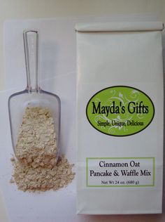 a bag of cinnamon oat pancake and waffle mix next to a spoon