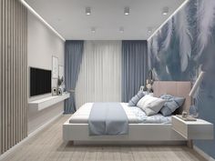 a bedroom with blue and white decor in the walls, along with a large bed