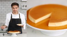 a man in an apron is holding a plate with cheesecakes on it and the cake has been cut into smaller pieces