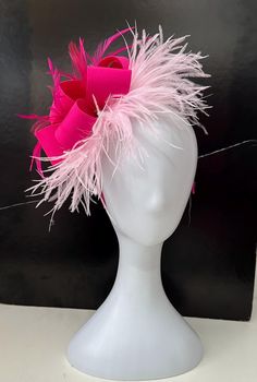 Pink Fascinator Hat,  Pink Ostrich Feather Fascinator Headband Hat, Bright Pink Satin Ribbon Hat with Pink Veil, marabou ostrich feather on a Satin lined Metal headband. I make this in Light Pink, White, Beige and Rainbow and other colors too!  Message me! SHIPS FREE  DOMESTIC  PRIORITY  MAIL! Pink Feathered Headband Hat, Adjustable Pink Mini Hat With Feathers, Adjustable Feather Trim Fascinator For Royal Ascot, Adjustable Pink Feathered Fascinator, Adjustable Fascinator With Feather Trim For Royal Ascot, Adjustable Pink Feather Fascinator, Adjustable Pink Fascinator With Feathers, Pink Adjustable Fascinator With Feathers, Pink Headband Fascinator For Carnival