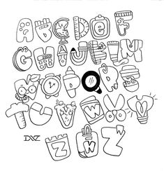 the alphabet is drawn in black and white with letters that spell out what they are