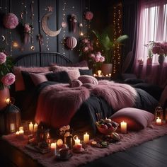 a bed with pink fur and candles in front of a window, surrounded by other decorations