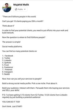 Now.

How can you sell your services to people? 

Build a strong social media profile. Pick a one niche. Post about it. 

Build your audience. Interact with them. Persuade them into buying your services and SELL your skills! 

P:S: I’ve been getting 5-10 clients from IG/Twitter, 10-20 clients from Linkedin regularly by just building a potential audience!

YOU CAN DO IT TOO!

Don’t think. Just START! How To Get Clients On Facebook, Facebook Marketplace Yahoo Format, Hook Up Picture For Client, How To Get Clients On Facebook For Yahoo, Hook Up Format For Client, Bill Format, Room Snapchat, Networking Infographic, Hospital Room Snapchat Stories