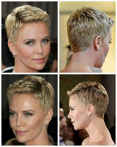 Womens Very Short Hairstyles, Charlene Theron Short Hair, Very Short Pixie Cuts, Short Blonde Pixie, Short Sassy Haircuts, Short Haircut Styles, Really Short Hair, Pixie Haircut For Thick Hair