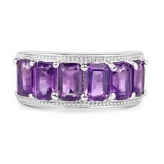 "Amethyst Ring, Amethyst Silver Band Ring, Natural Amethyst Ring for Women, February Birthstone Ring Flaunt yourself with this amethyst band ring. The natural gemstones have a combined weight of 3.30 carats and are set in .925 sterling silver with rhodium plating. The purple hue of this ring adds a pop of color to any look! The understated design and vibrant stones make this ring perfect for every occasion. amethyst cushion ring, amethyst solitaire cushion ring, amethyst ring, amethyst silver ri Purple Amethyst Ring, Half Eternity Band, Eternity Band Ring, Purple Band, Amethyst Jewelry, Silver Band Ring, February Birth Stone, Amethyst Stone, Sterling Silver Bands