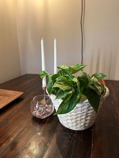 a potted plant sitting on top of a wooden table next to two lit candles