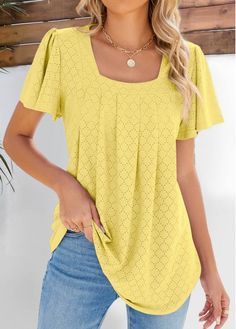 Color:Light Yellow;Size:M;Size:L;Package Contents:1 X Blouse;Occasion:Other;Style:Casual; Square Neck Blouse, Flutter Sleeve Blouse, Casual Summer Wear, Yellow Short, Hollow Design, Yellow Shorts, Pleated Shorts, Pantalon Large, Summer Tshirts