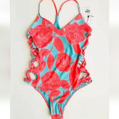 Body Glove Neon Strappy Side Cutout One-Piece Swimsuit Size Small Casual One Pieces With Lined Body For Poolside, Casual One-piece With Lined Body For Pool, Casual Lined One-piece For Pool, Spring Tropical One-piece Swimsuit, Casual Beach One-piece With Lined Body, Tropical Style One-piece Swimsuit For Poolside Spring, Tropical One-piece Swimwear For Pool In Spring, Tropical One-piece Swimsuit For Spring, Tropical Style One Pieces For Poolside In Spring