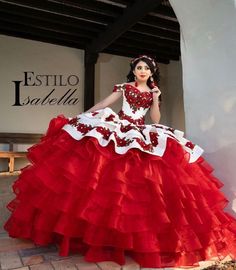 Red Mexican Quinceanera Dresses, Charo Quinceanera Dresses, Red Charro Quinceanera Dress, Quinceanera Dresses Mexican, Puffy Prom Dresses, Quinceanera Dresses Red, Vestido Charro, Skirt Embroidery, Mexican Quinceanera Dresses