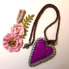 Handmade Hand-Beaded Polymer Clay Bling Purple And Silver In Color Heart Pendant Purple Heart Necklace For Valentine's Day, Bohemian Purple Necklace With Heart Beads, Purple Heart Pendant Necklace For Jewelry Making, Handmade Purple Heart-shaped Jewelry, Purple Heart-shaped Bohemian Jewelry, Handmade Heart-shaped Purple Jewelry, Color Heart, Purple And Silver, Silver Heart Pendant