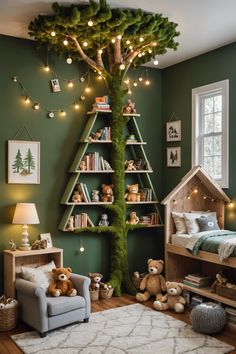 a bedroom decorated in green and white with teddy bears on the bed, bookshelves and a tree